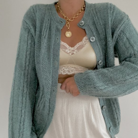 Vintage L.L. Bean Sage Green Mohair Cable Knit Cardigan Sweater - Picture 7 of 13